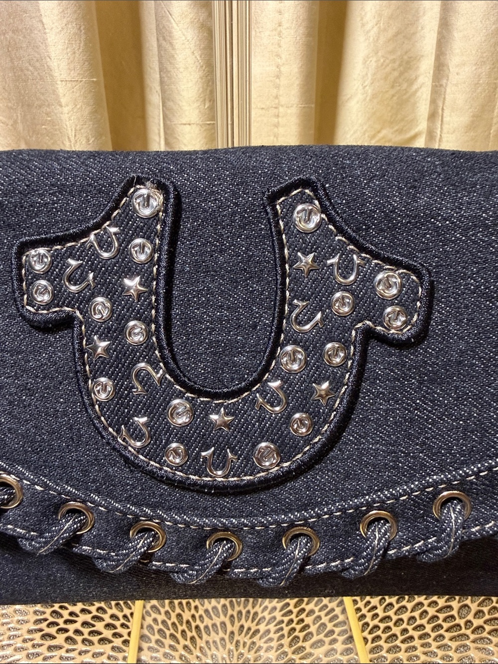 True Religion Joey Studded Horseshoe Eyelet Denim Flap Shoulder Bag NWT - Picture 8 of 9